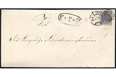  2 sk. Tofarvet på lokalbrev annulleret med kombineret nr.stempel 34/Kjøbenhavns J.P. d. 29.5.1872 og sidestemplet med sort fodpost stempel F:P: d. 29.5.1872 til Det kongelige Finansministerium.