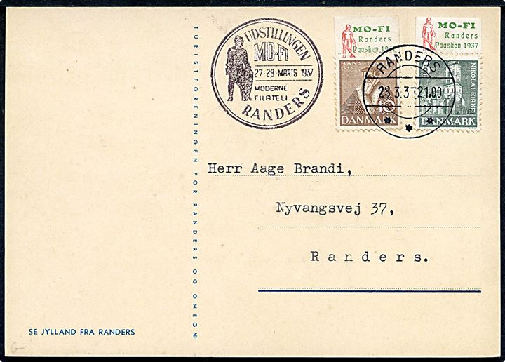 10 øre Tavsen og 5 øre Nikolai Kirke med udstillingstiltryk fra MO-FI Randers Paasken 1937 på brevkort (Landkort over Randers og omegn) stemplet Randers d. 29.3.1937 til Hobro.