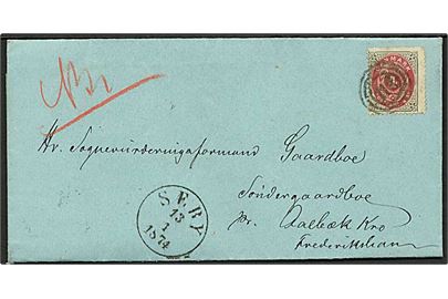 Kropost. 4 sk. Tofarvet (kort hjørnetak) på brev annulleret med nr.stempel 112 og sidestemplet antiquar Sæby d. 13.1.1874 via Aalborg til Søndergaardboe pr. Aalbæk Kro, Frederikshavn. 