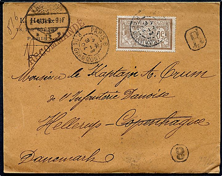 50 c. single på anbefalet brev fra Paris d. 31.3.1904 til Kaptajn Ørum ved det danske artilleri i København, Danmark - eftersendt til Hellerup.