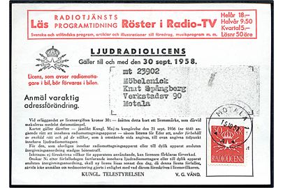 50 kr. Radiolicens mærke på kvittering for LjudRadiolicens 1957-58 annulleret Motala d. 15.10.1957.