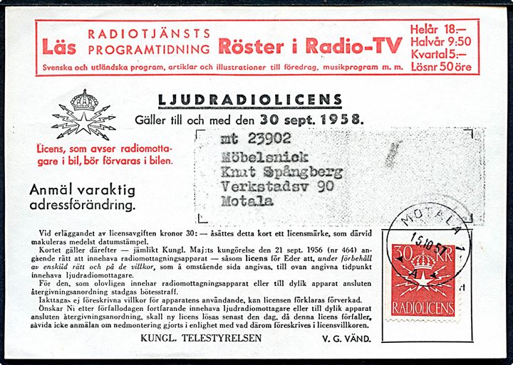 50 kr. Radiolicens mærke på kvittering for LjudRadiolicens 1957-58 annulleret Motala d. 15.10.1957.