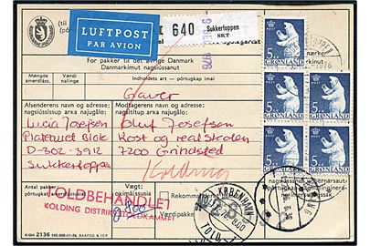 5 kr. Isbjørn (5) på adressekort for luftpostpakke fra Sukkertoppen d. 2.12.1976 via København og Kolding til Grindsted.