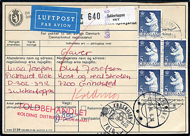 5 kr. Isbjørn (5) på adressekort for luftpostpakke fra Sukkertoppen d. 2.12.1976 via København og Kolding til Grindsted.