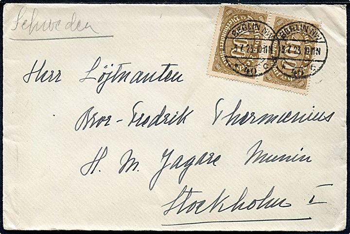 400 mk. Infla. udg. i parstykke på brev fra Berlin d. 3.7.1923 til løjtnant ombord på svensk jager Munin, Stockholm I, Sverige.