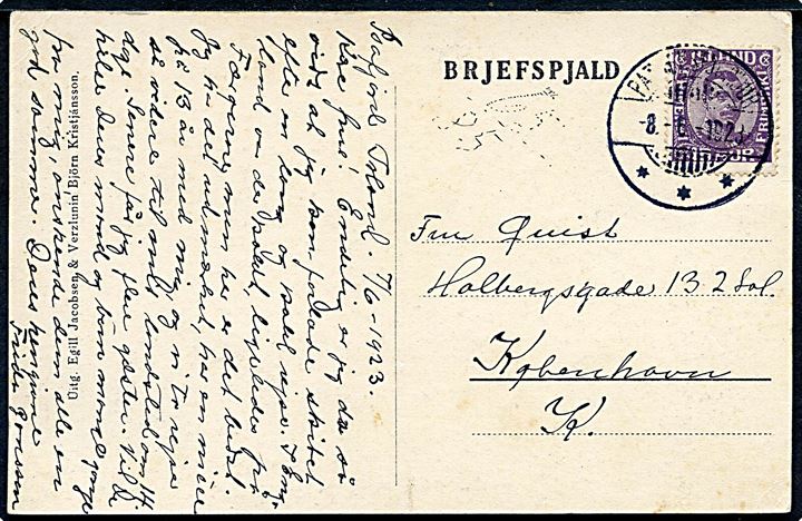 15 aur Chr. X på brevkort (I Sandey i Thingvallavatni) Dateret i Isefjord og annulleret med svagt stempel i Patreksfjördur d. 8.6.1923 til København, Danmark.