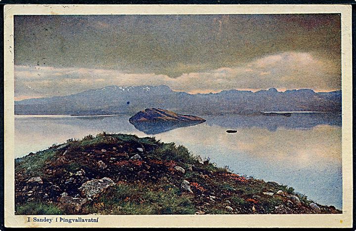 15 aur Chr. X på brevkort (I Sandey i Thingvallavatni) Dateret i Isefjord og annulleret med svagt stempel i Patreksfjördur d. 8.6.1923 til København, Danmark.