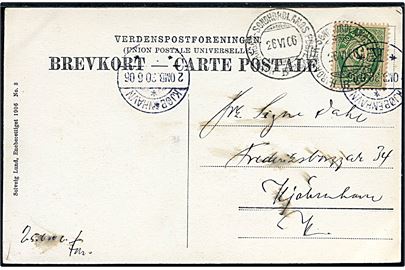 5 øre Posthorn på brevkort (Haukelifjeld, Dyrskar) annulleret med sejlende bureaustempel Hardanger - Søndhordlands Posteksp. B d. 26.6.1906 til Kjøbenhavn, Danmark.