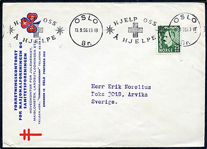 25 øre Haakon på illustreret NNS kuvert annulleret med Røde Kors TMS i Oslo d. 13.9.1956 til Arvika, Sverige.