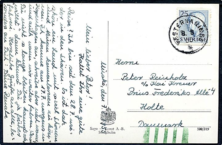 25 öre Gustaf på brevkort (Stockholm med dampskibe) annulleret Västerhaninge d. 8.8.1955 til Holte, Danmark. Grønne ombæringskontrol streger.