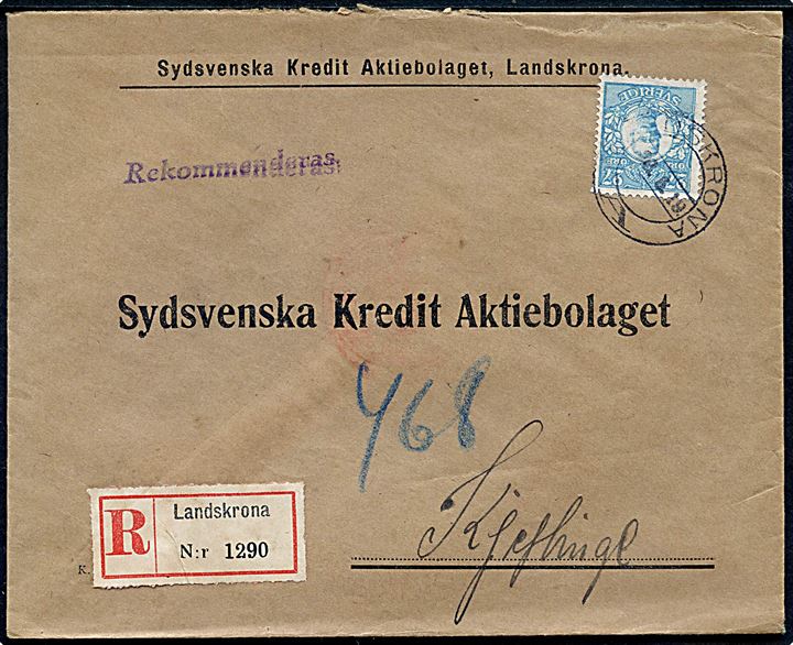 27 öre Gustaf single på anbefalet brev fra Landskrona d. 20.5.1919 til Kjeflinge.