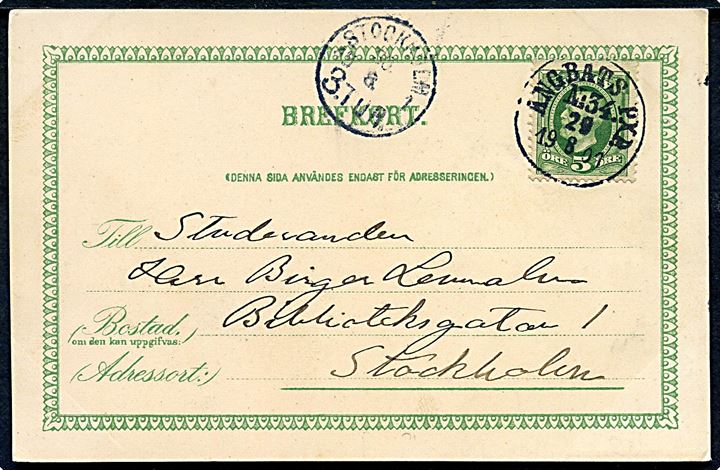 5 öre Oscar på brevkort (Strengnäs) annulleret med dampskibsstempel Ångbåts PXP. No. 34 d. 29.8.1901 til Stockholm. Stempel benyttet ombord på S/S Tynnelsö på ruten Stockholm - Strengnäs.