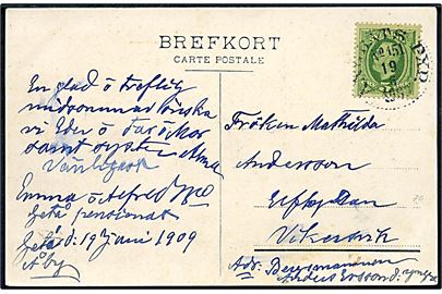 5 öre Oscar på brevkort (Dampskibsbroen ved Getå) annulleret med dampskibs stempel Ångbåts PXP No. 151 d. 19.6.1909 til Vikervik. Stempel benyttet ombord på S/S Molmården på ruten Norrköping-Kopparbo.