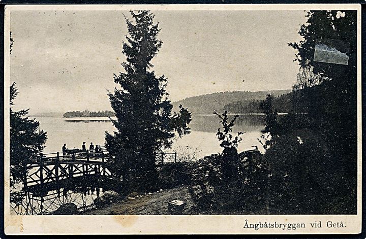 5 öre Oscar på brevkort (Dampskibsbroen ved Getå) annulleret med dampskibs stempel Ångbåts PXP No. 151 d. 19.6.1909 til Vikervik. Stempel benyttet ombord på S/S Molmården på ruten Norrköping-Kopparbo.