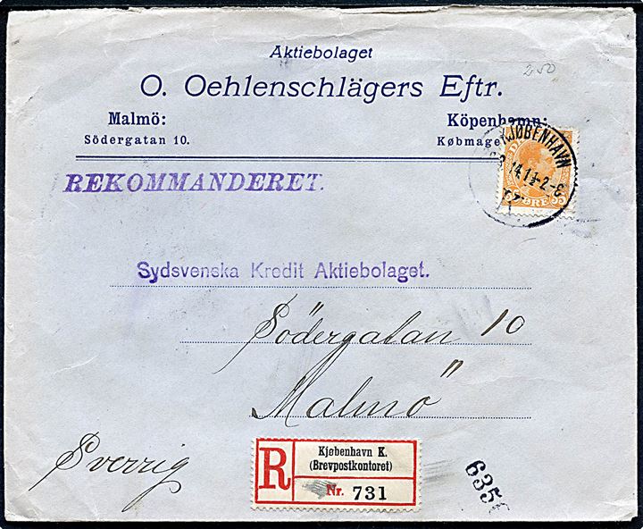 35 øre Chr. X single på anbefalet brev fra Kjøbenhavn d. 28.3.1914 til Malmö, Sverige.