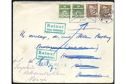 10 ære Bølgelinie (2) og 20 øre Fr. IX (2) på brev fra Viborg d. 26.6.1956 til poste restante i München, Tyskland. Retur som ikke afhentet med grønne returstempler.