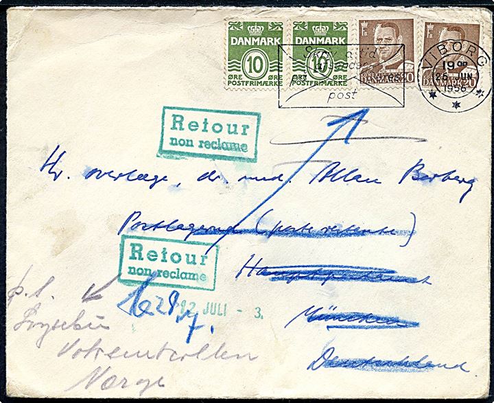 10 ære Bølgelinie (2) og 20 øre Fr. IX (2) på brev fra Viborg d. 26.6.1956 til poste restante i München, Tyskland. Retur som ikke afhentet med grønne returstempler.