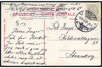3 øre helsagsafklip som frankering på lokalt brevkort (Vibenhus med Tuborg ølvogn) stemplet Kjøbenhavn d. 3.9.1907.