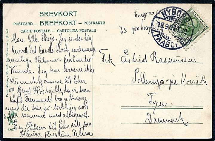 5 øre Fr. VIII på brevkort fra Faaborg annulleret med bureaustempel Nyborg - Faaborg T.39 d. 18.9.1907 til Sollerup pr. Korinth.