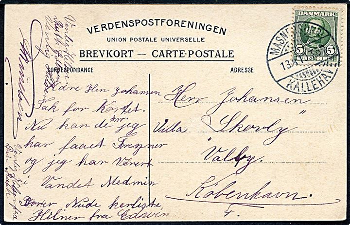 5 øre Fr. VIII på brevkort (Møens Klint ved Dronningestolen) annulleret med bureaustempel Masnedsund - Kallehave T.5 d. 18.8.1910 til København.