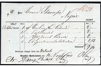 1860. Fortrykt aviskvittering fra Præstø Postkontor d. 12.11.1860 til Baron Stampe på Nysøe.