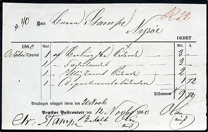 1860. Fortrykt aviskvittering fra Præstø Postkontor d. 12.11.1860 til Baron Stampe på Nysøe.