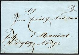 1842. Francobrev med fuldt indhold og på bagsiden håndskrevet bynavn Thisted d. 21.10.1842 til ´konsul Andersen i Mandal, Norge. Påskrevet Frit Helsingborg. Flere porto påtegninger.