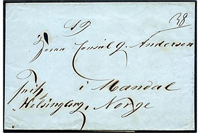 1842. Francobrev med fuldt indhold og på bagsiden håndskrevet bynavn Thisted d. 21.10.1842 til ´konsul Andersen i Mandal, Norge. Påskrevet Frit Helsingborg. Flere porto påtegninger.
