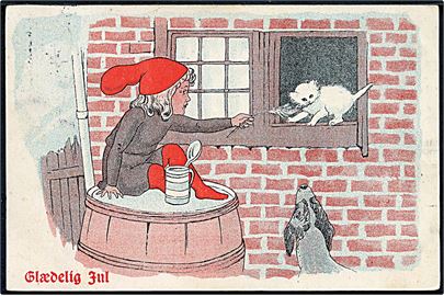 Ludvig Møgelgaard: Julekort med nisse, kat og hund. A. Vincent no. 318/5.