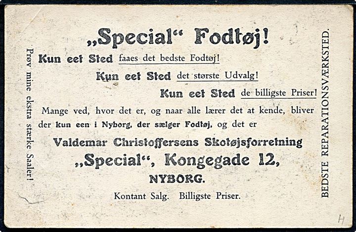 Nyborg. Kongegade 12. Fodtøjskompaniet Special v/Valdemar Christoffersen. Reklamekort u/no.  Flere hjørneknæk!