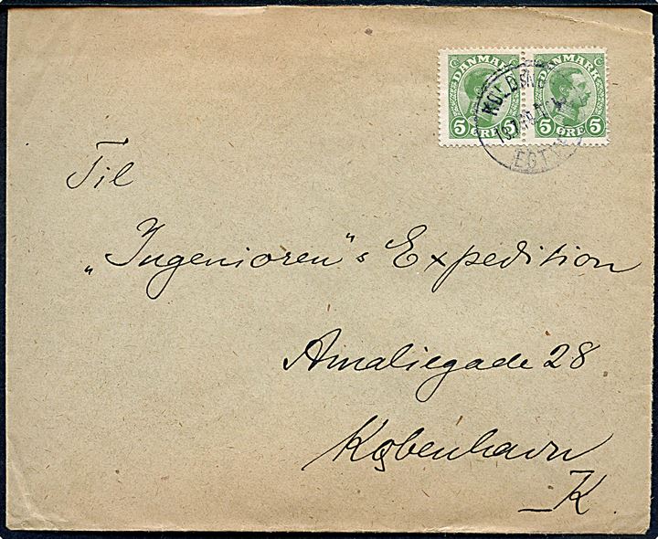 5 øre Chr. X i parstykke på brev annulleret med bureaustempel Kolding - Egtved T.2 d. 13.7.1919 til København.