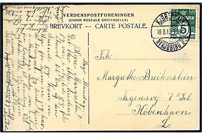 5 øre Bølgelinie på brevkort dateret på Bogø og annulleret med bureaustempel Kjøbenhavn - Nykjøbing F. T.94 d. 18.8.1913 til København.