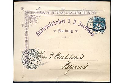 4 øre Bølgelinie på tryksags-kort fra firma  J.J.jacobsen i Faaborg d. 29.11.1906 til Hjerm. Transit stemplet Fredericia - Strier.A. T.1009 d. 30.11.1906.
