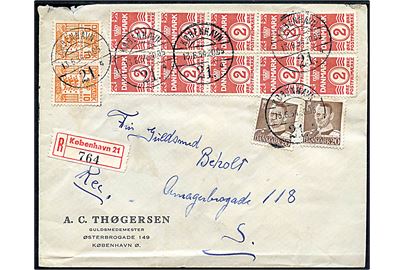2 øre Bølgelinie (10), 20 øre Fr. IX (2) og 10 øre Gebyr mærke i parstykke på lokalt anbefalet brev fra København 21 (Hovedbanegården) d. 13.6.1954.