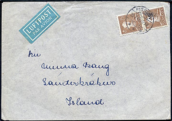 25 øre Chr. X i parstykke på luftpostbrev fra Risskov d. 25.7.1945 til Island. På bagsiden ank.stemplet i Reykjavik d. 6.8.1945.