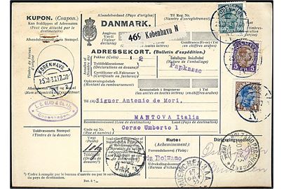 60 øre, 1 kr. og 5 kr. Chr. X på internationalt adressekort for pakke fra København d. 25.10.1933 via Berlin, München og Innsbruck til Mantova, Italien.