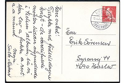60 øre Fr. IX på brevkort annulleret med bureaustempel Tinglev - Sønderborg T.424 d. 22.11.1972 til Haslev.