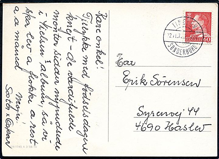 60 øre Fr. IX på brevkort annulleret med bureaustempel Tinglev - Sønderborg T.424 d. 22.11.1972 til Haslev.