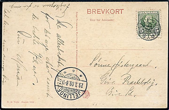 5 øre Fr. VIII på brevkort annulleret med stjernestempel HJORTSBALLE og sidestemplet Jellinge d. 29.3.1909 til Give.