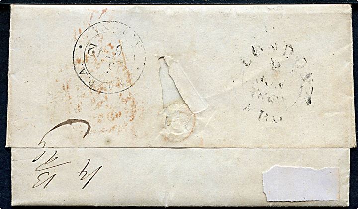 1842. Francobrev fra London stemplet E PAID d. 2.6.1842 via K.D.P.A. Altona d. 5.6.1842 til København, Danmark. Flere påtegninger.