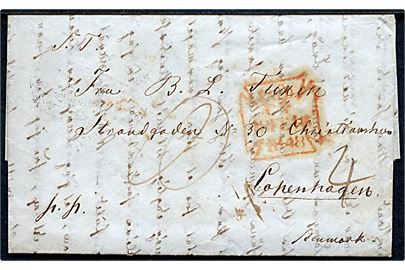 1848. Francobrev fra London stemplet PAID d. 14.2.1848 via K.D.P.A. Altona d. 21.2.1848 til København, Danmark. Flere påtegninger.