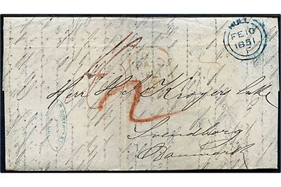 1851. Francobrev fra Hull d. 10.2.1851 via London og K.D.O.P.A. Hamburg til Svendborg, Danmark. Flere påtegninger.
