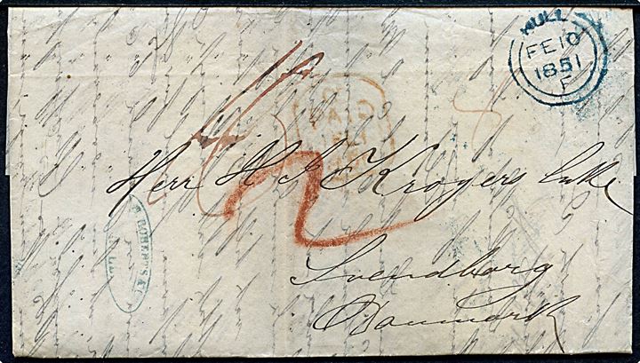 1851. Francobrev fra Hull d. 10.2.1851 via London og K.D.O.P.A. Hamburg til Svendborg, Danmark. Flere påtegninger.