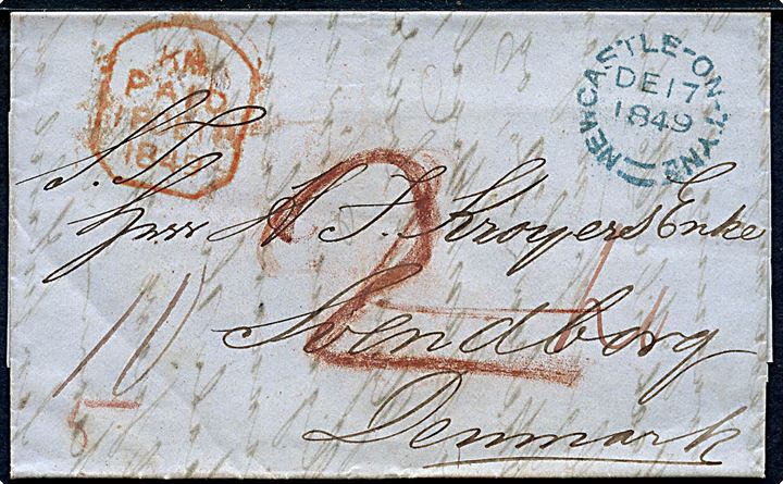 1849. Francobrev fra Newcastle-on-Tyne d. 17.12.1849 via London og Hamburg til Svendborg, Danmark. Flere påtegninger.
