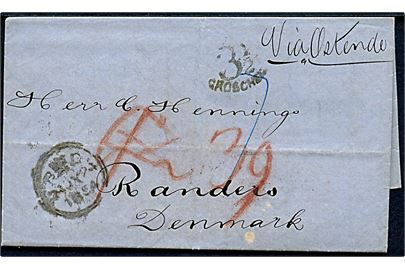 1854. Portobrev fra London d. 17.7.1854 påskrevet via Ostende med stempel 3½ groschen via Hamburg til Randers, Danmark.