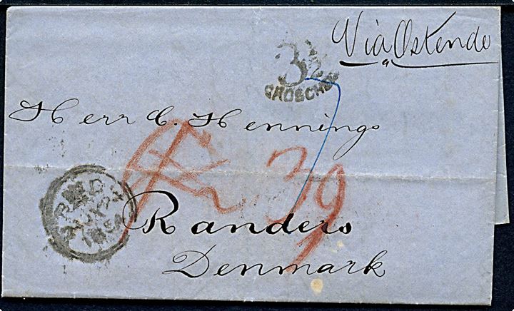 1854. Portobrev fra London d. 17.7.1854 påskrevet via Ostende med stempel 3½ groschen via Hamburg til Randers, Danmark.