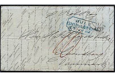 1851. Portobrev fra Hull påskrevet pr. Rob Roy med blåt skibsstempel HULL SHIP LETTER d. 5.7.1851 via K.D.P.A. Altona til Svendborg, Danmark.