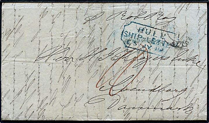 1851. Portobrev fra Hull påskrevet pr. Rob Roy med blåt skibsstempel HULL SHIP LETTER d. 5.7.1851 via K.D.P.A. Altona til Svendborg, Danmark.