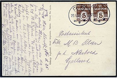 5 øre Bølgelinie i parstykke på brevkort annulleret med brotype IIIb Rø d. 25.6.1927 til Næstved. Et mærke med fold.
