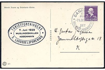 7 øre H. C. Andersen på lokalt brevkort annulleret med særstempel Danmark * Det rullende Postkontor * d. 7.6.1939 og sidestemplet Turistforeningens 2. Landsdelsforening / Muslingeskallen, København. 